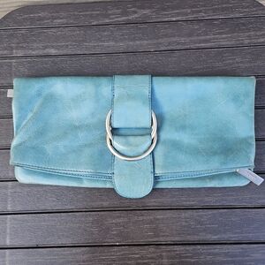 Hobo International Teal Blue Aqua Leather Fold Over Clutch Bag Small Purse